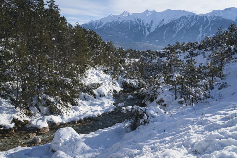 Sunny winter landscape with mountain creek and pine forest in Austrian Alps, Mieming, Tyrol, Austria