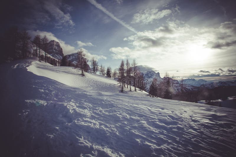 Sunny winter panorama of Mount Civetta and Mount Pelmo