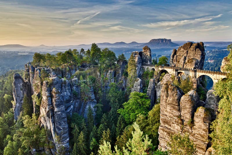 Sunrise at the Amazing `Bastei Bridge` in Saxon Stock Photo - Image of ...