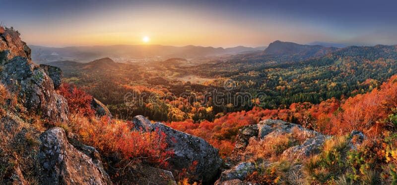 Sunrise autumn panorama from peak - Slovakia, Handlova