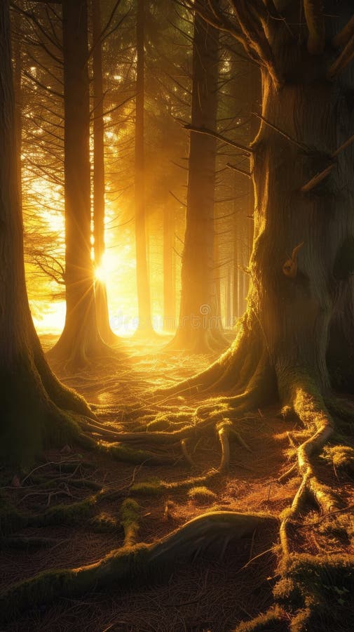 Sunrise through dense forest with visible tree roots, mystical nature landscape stock photography
