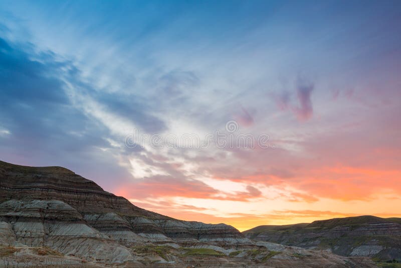 Sunrise at Drumheller Badlands Valley in Alberta Canada Stock Image