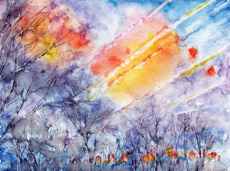 Sunrise in early spring. abstract watercolor background