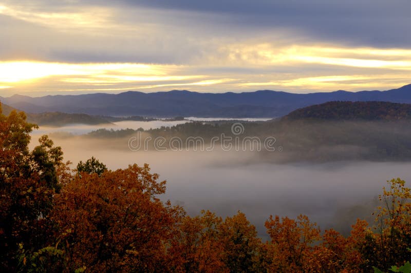 Beautiful sunrise on Foothills Parkway West, Smoky Mountains, TN USA. The mist in the valleys is a common occurrence in the Smokies.