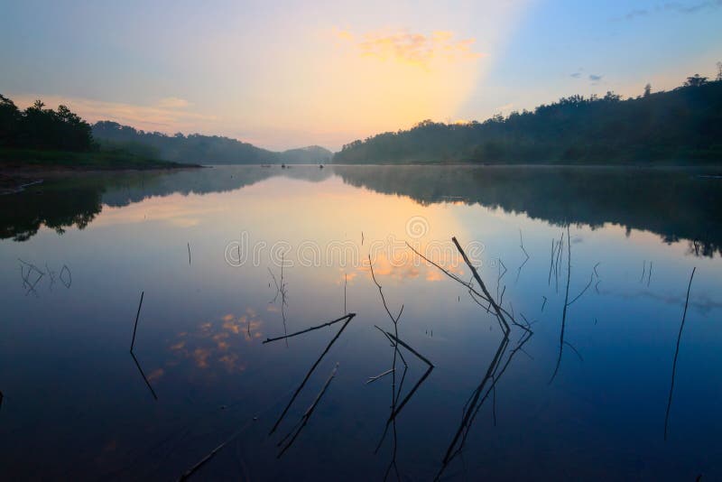 Sunrise at a lake in Borneo stock image