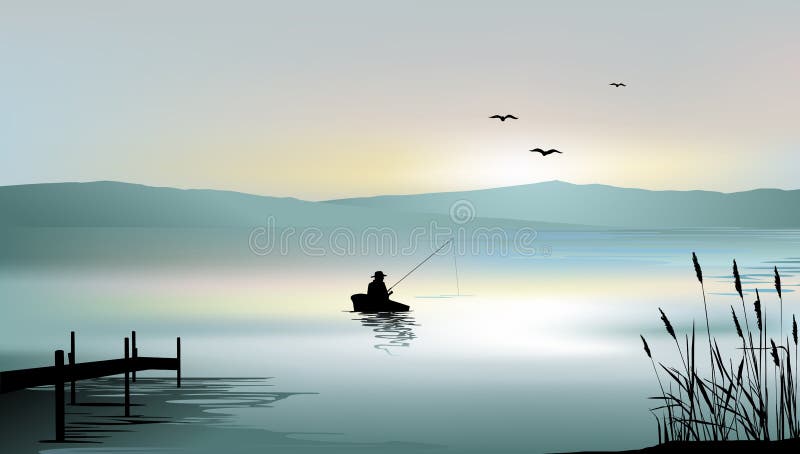 Sunrise on the lake and a fisherman boat.