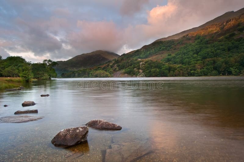 Sunrise landscape over Llyn Gwynant royalty free stock image