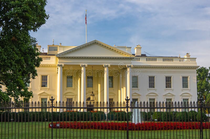 Sunrise light on the front entrance of White House, presidential residence and executive office of the President of the United