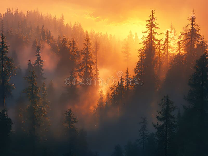 Sunrise Majesty Per Il Paesaggio Di Una Foresta Pina Che Respira Ore Ore illustrazione vettoriale