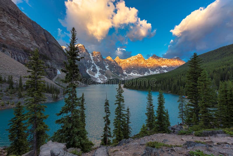 Sunrise At Moraine Lake In Banff National Park Canada Stock Photo