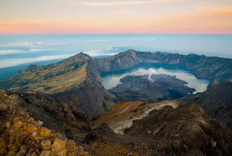 Sunrise from Mount Rinjani - Active Volcano - Lombok, Indonesia Stock