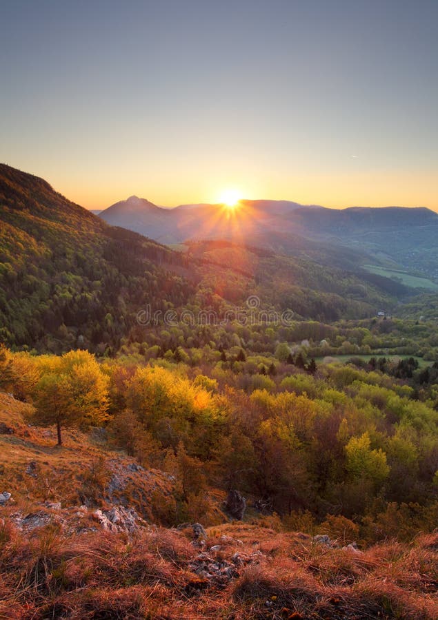 Sunrise in mountain, vertical photo