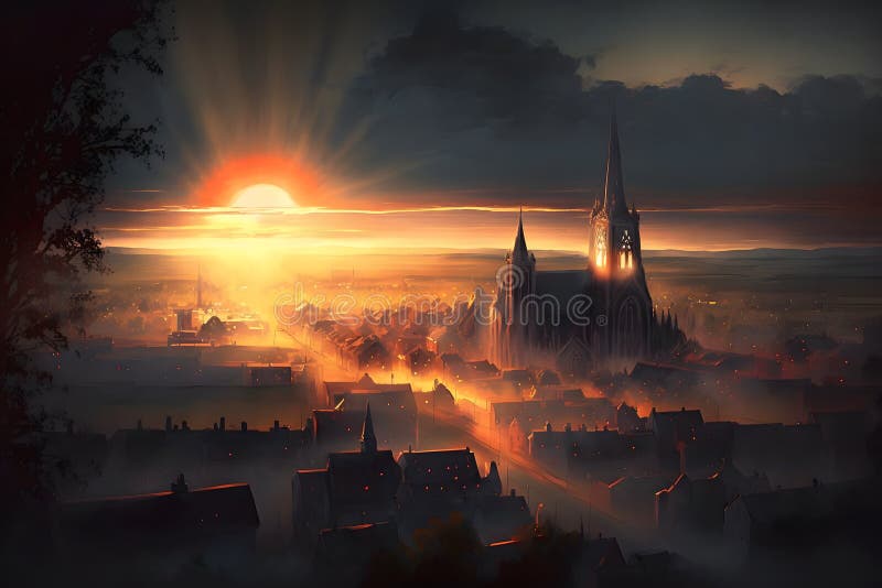 sunrise in old european city landscape. Neural network AI generated