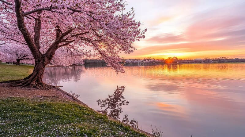 Sunrise over cherry blossoms, tranquil lake. Peaceful spring scene, ideal for calendars royalty free stock image