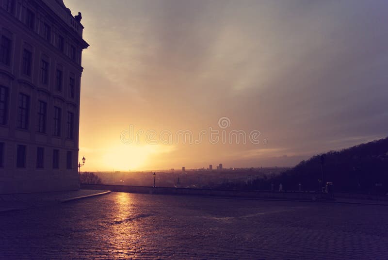 Sunrise over the city of Prague; retro Instagram style