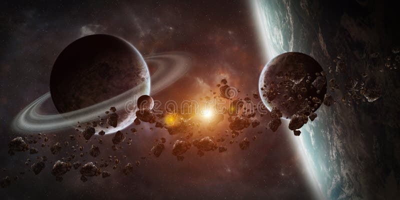 Sunrise over distant planet system in space 3D rendering element