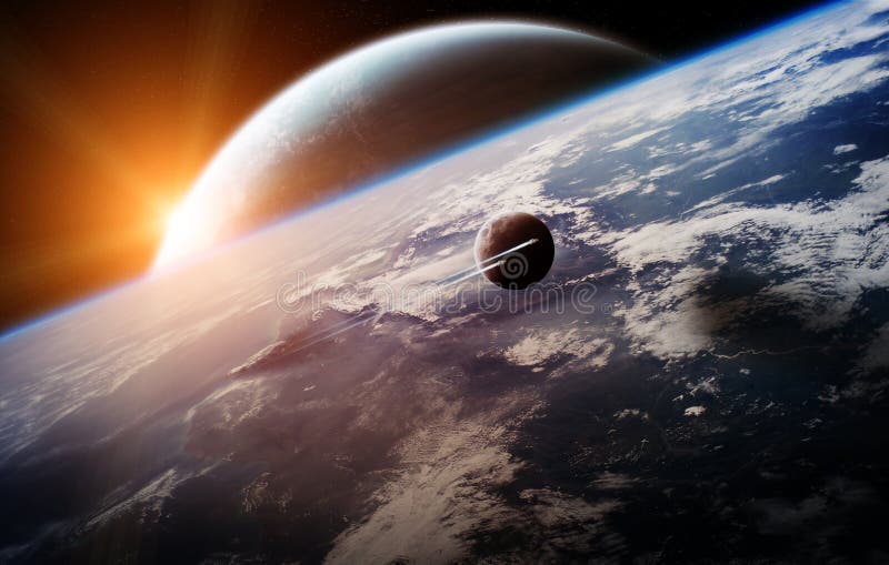 Sunrise over distant planet system in space 3D rendering element stock illustration Sunrise over distant planet system in space 3D rendering element stock illustration