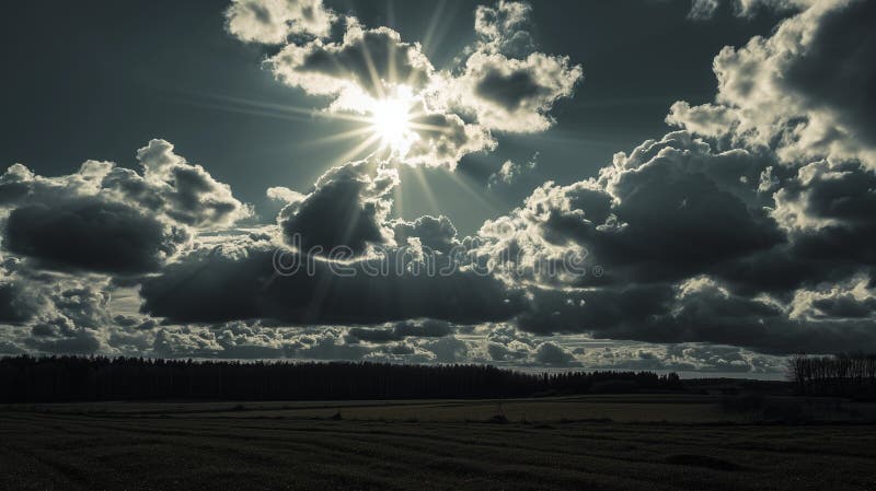 Sunrise over fields with clouds passing by, AI-generated. royalty free stock photo