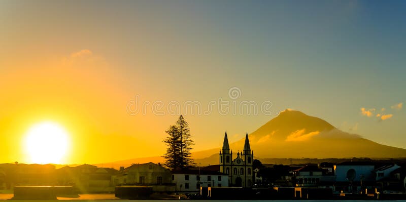 Sunrise over Madalena and Pico volcano and island at Azores, Portugal