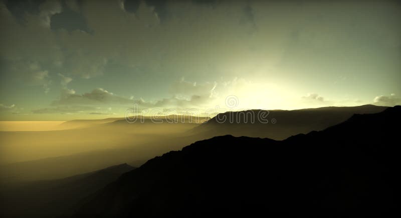 Sunrise over the mountains landscape sky 3D Render. Sand dune with interesting shades and texture before desert