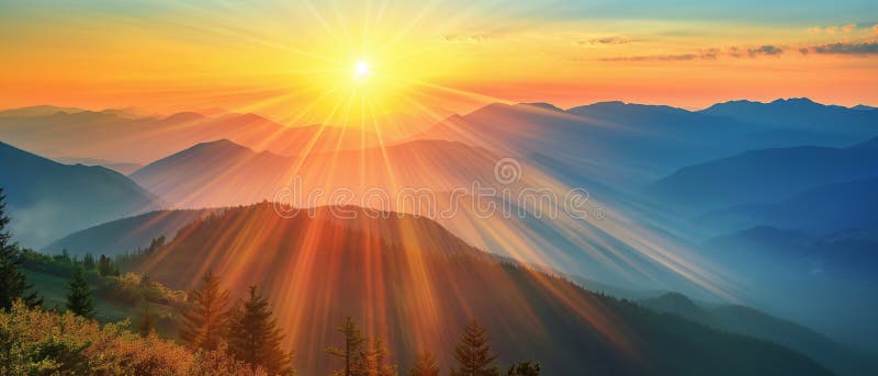 Sunrise over mountains with rays piercing through mist and trees. Warm, tranquil landscape. stock photos
