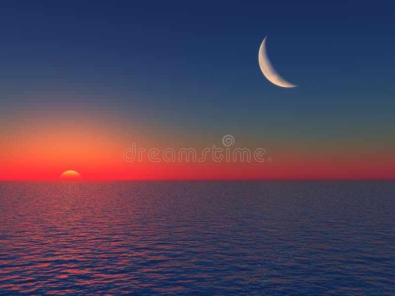 Download Sunrise over Sea with Moon stock illustration. Illustration of depth - 4524723