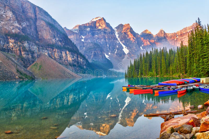 Sunrise Over the Canadian Rockies at Moraine Lake in Canada stock images Sunrise Over the Canadian Rockies at Moraine Lake in Canada stock images
