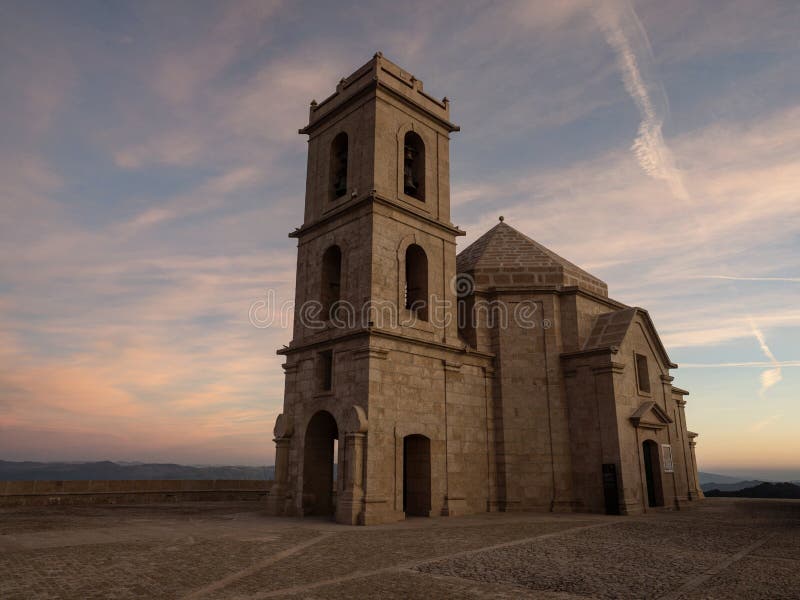 Sunrise panorama view of mountain hill top church chapel Sanctuary Nossa Senhora da Granca in Mondim de Basto Portugal