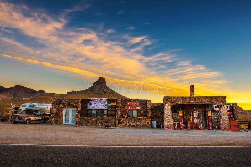 sunrise-at-a-rebuilt-gas-station-on-route-66-in-arizona-editorial-photo