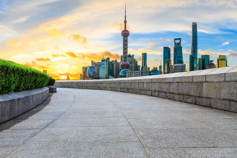 Sunrise Shanghai urban architectural landscape and square ground royalty free stock photo Sunrise Shanghai urban architectural landscape and square ground royalty free stock photo