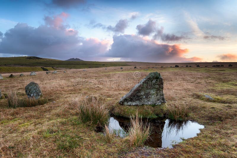 Sunrise at Stannon stone circle on BodminMoor in Cornwall. Ancient pagan celtic images stock images, royalty-free photos and pictures