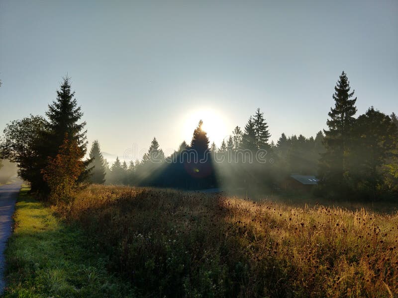 Východ alebo západ slnka nad kopcami a lúkou.