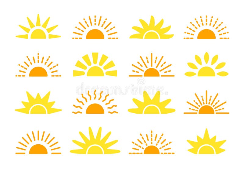 Sunrise & sunset symbol collection. Flat vector icons. Morning sunlight signs. Isolated objects. Yellow sun rise over horison