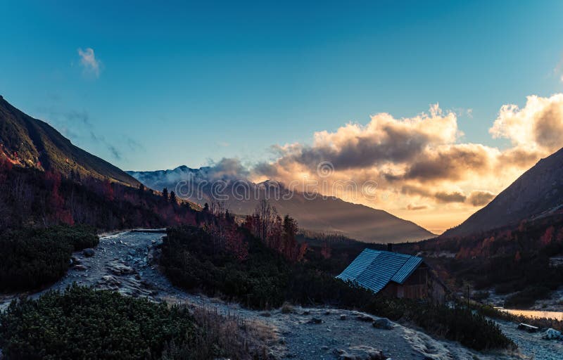 Sunrise in the Tatra mountains at a mountain hut