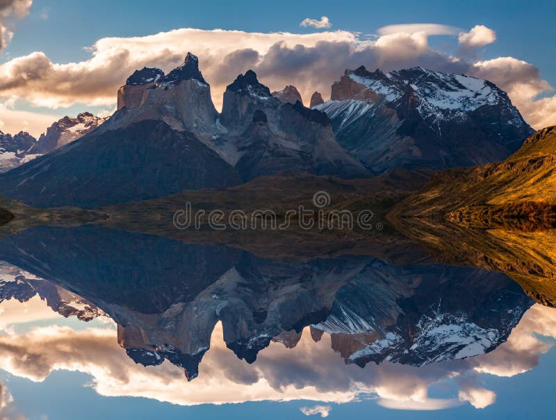 Sunrise in Torres del Paine National Park, Lake Pehoe and Cuernos mountains, Patagonia, Chile