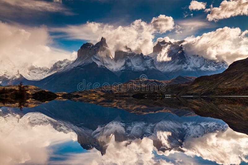 Sunrise in Torres del Paine National Park, Lake Pehoe and Cuernos mountains, Patagonia, Chile