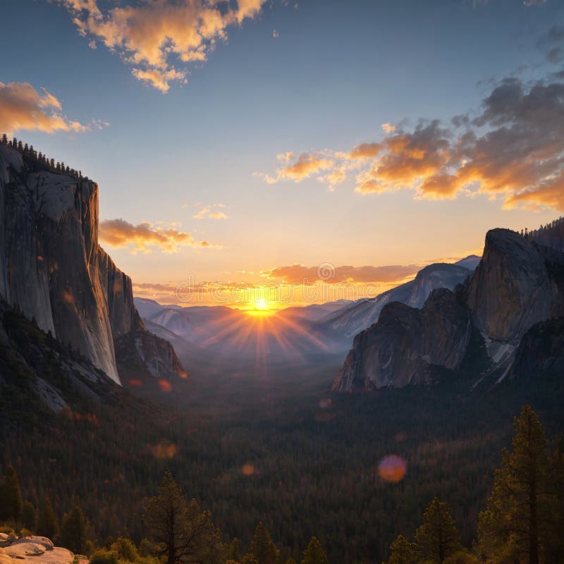 A Sunrise at the Tunnel View in Yosemite National Park. Stock