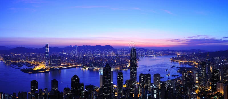 Sunrise of Victoria Harbour panoramic , Hong Kong