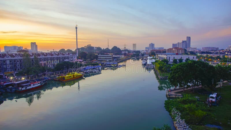 Sunrise view of Malacca city from the riverside. Noise slightly royalty free stock image