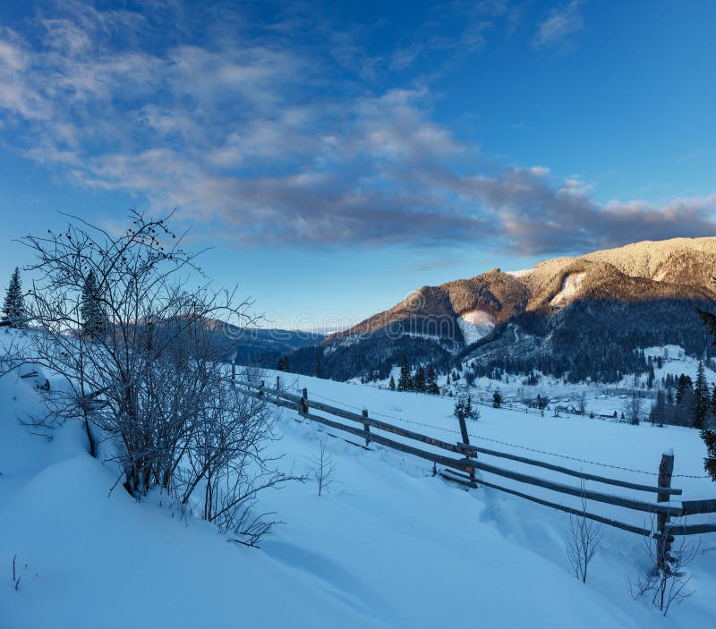 Sunrise winter Carpathian mountain village Zelene, Verkhovyna, U