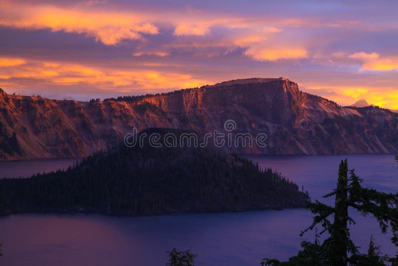 Sunrise on Wizard Island at Crater Lake, Oregon stock photos Sunrise on Wizard Island at Crater Lake, Oregon stock photos