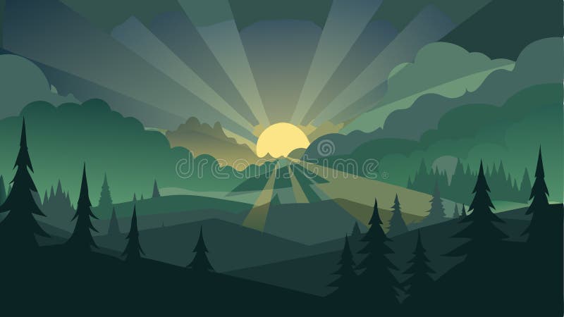 The suns rays piercing through the fog casting an eerie glow over the forest.. royalty free stock photo