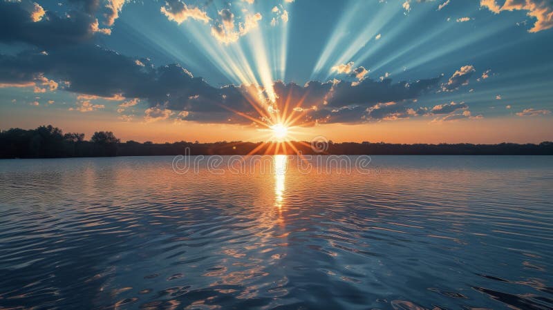 The suns rays reach out across the lake creating a stunning array of colors that seem to stretch on forever stock images