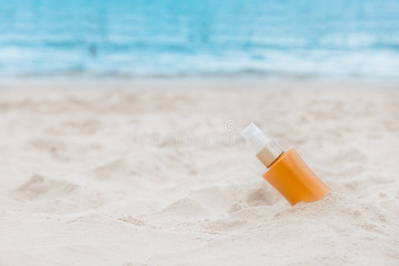 Sunscreen Sunblock Spf Cream on the Sea Beach Sand Summer Tropic Stock ...