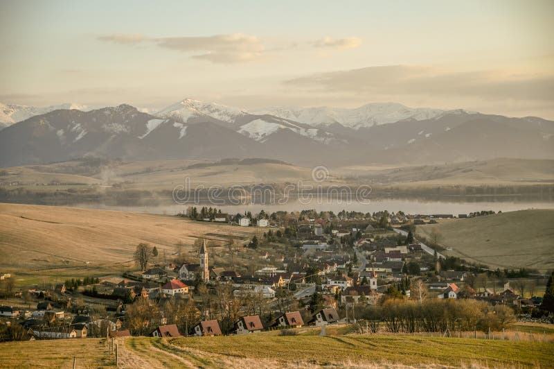 Sunset above forests and villages of the Liptov region in Slovakia.