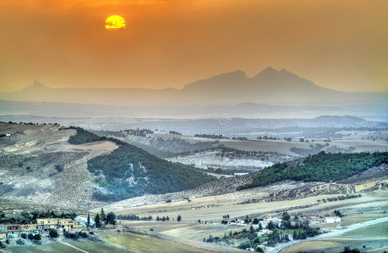 Sunset above hills in North-West Tunisia near Le Kef
