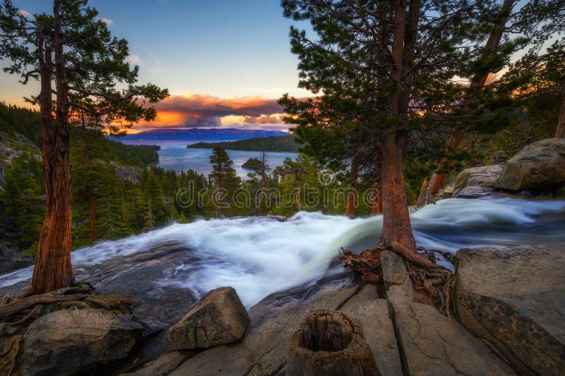 Sunset Above Lower Eagle Falls and Emerald Bay, Lake Tahoe, California