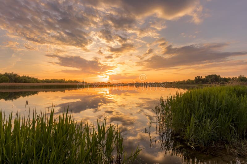 Sunset Above the Pond or Lake with Cloudy Sky at Summer and Water ...