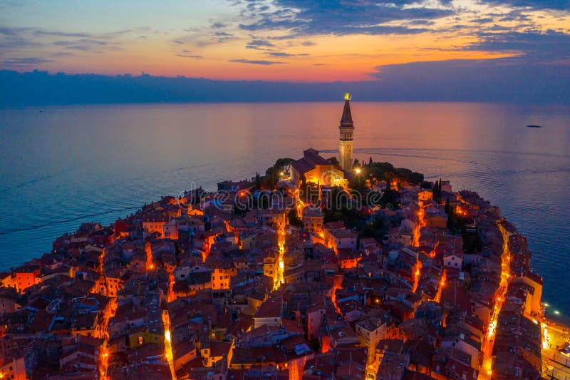 Sunset aerial view of Croatian town Rovinj