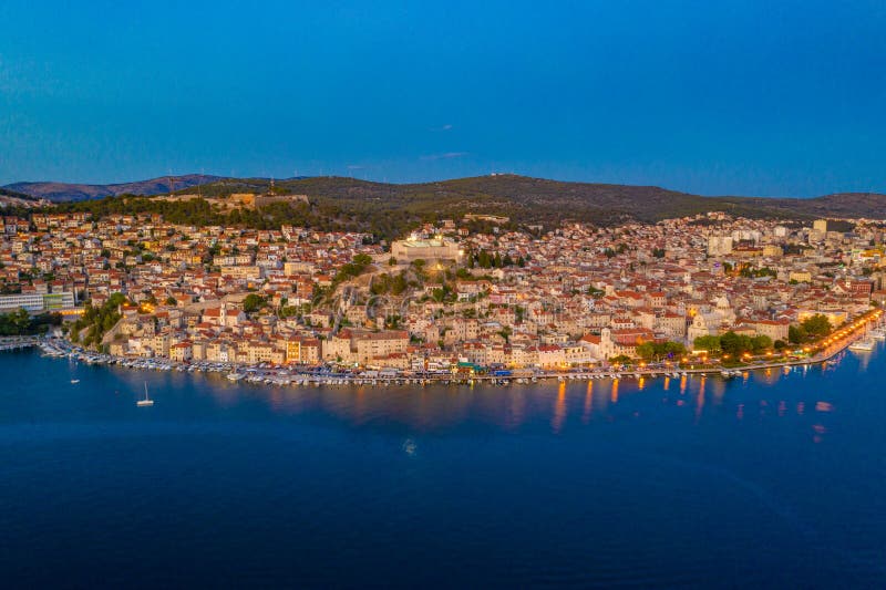 Sunset aerial view of Croatian town Sibenik